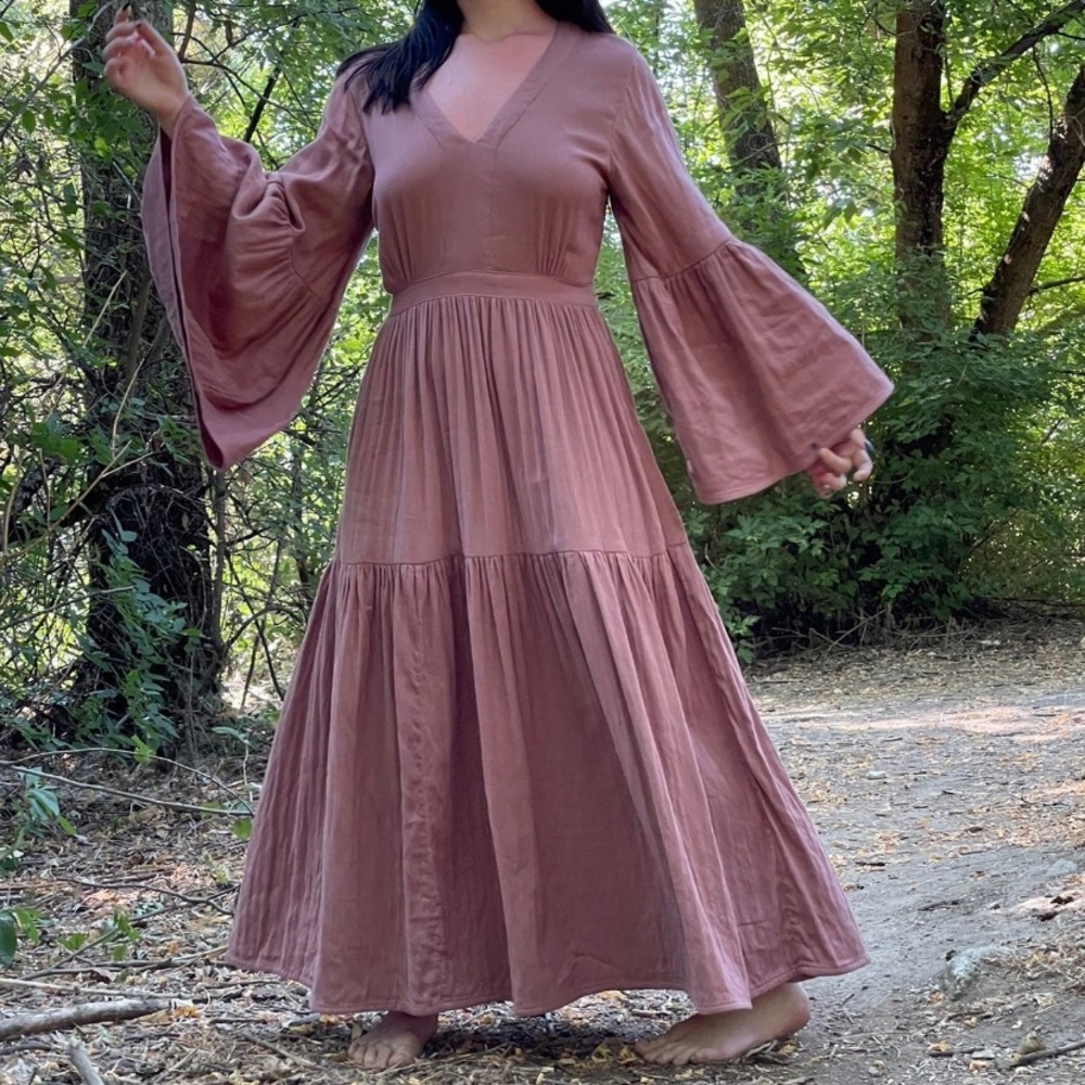 Wildchants Woodstock Dress Mauve Bell Sleeves Bohemian Goddess Festival